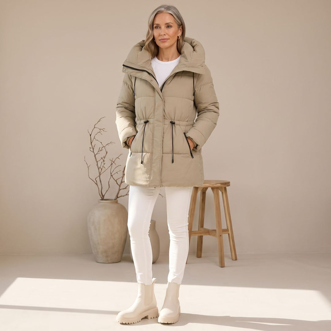 Damen Winterjacke Gesteppter Puffer-Mantel mit Kapuze und Taillenzug
