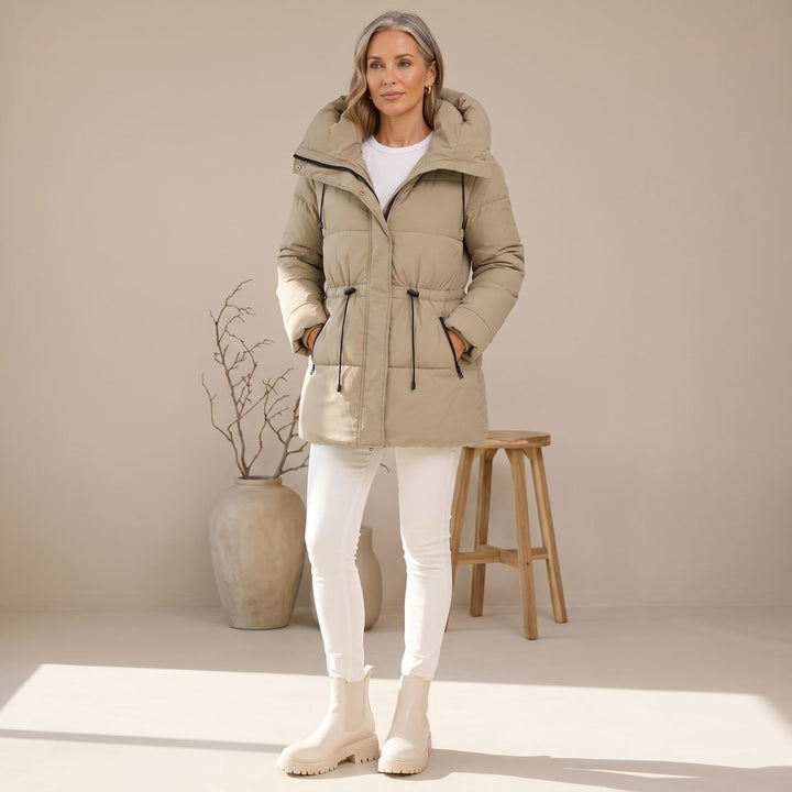 Damen Winterjacke Gesteppter Puffer-Mantel mit Kapuze und Taillenzug