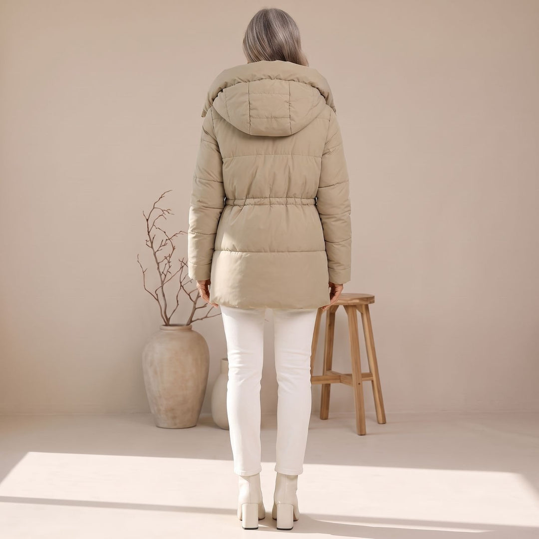 Damen Winterjacke Gesteppter Puffer-Mantel mit Kapuze und Taillenzug