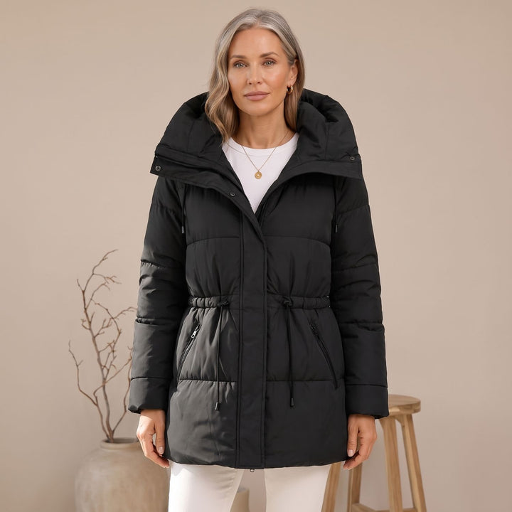 Damen Winterjacke Gesteppter Puffer-Mantel mit Kapuze und Taillenzug - Schwarz