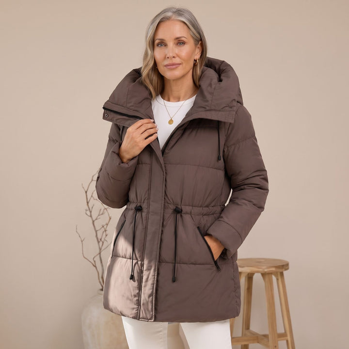 Damen Winterjacke Gesteppter Puffer-Mantel mit Kapuze und Taillenzug - Braun