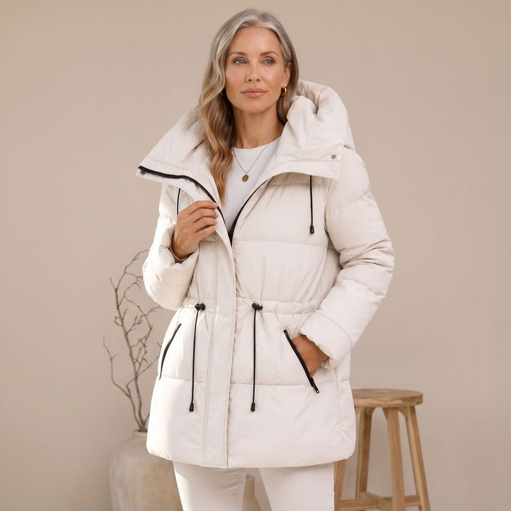 Damen Winterjacke Gesteppter Puffer-Mantel mit Kapuze und Taillenzug - Weiß