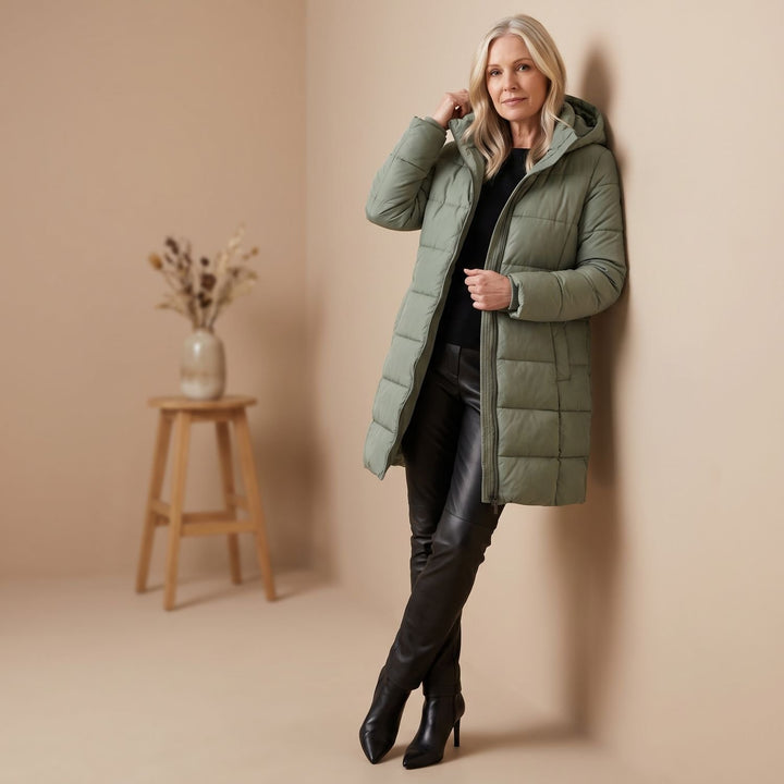 Damen Winterjacke Langer Gesteppter Puffer-Mantel mit Kapuze