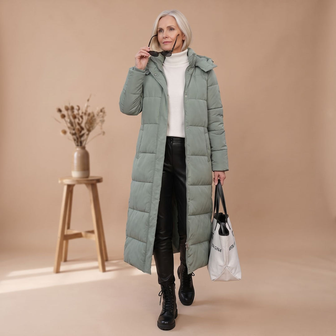 Damen Winterjacke Langer Gesteppter Puffer-Mantel mit Kapuze - Grün