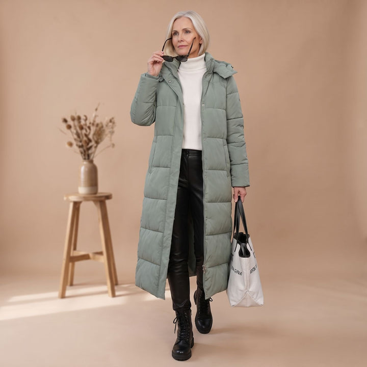 Damen Winterjacke Langer Gesteppter Puffer-Mantel mit Kapuze - Grün