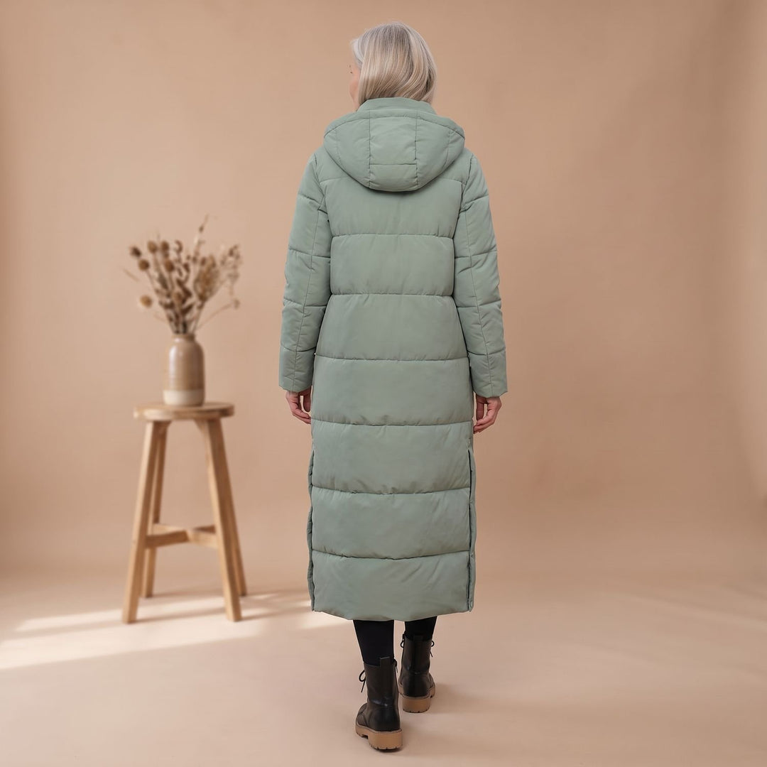 Damen Winterjacke Langer Gesteppter Puffer-Mantel mit Kapuze