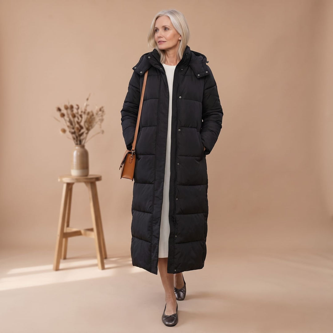 Damen Winterjacke Langer Gesteppter Puffer-Mantel mit Kapuze