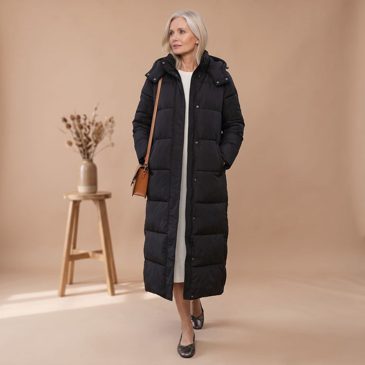 Damen Winterjacke Langer Gesteppter Puffer-Mantel mit Kapuze