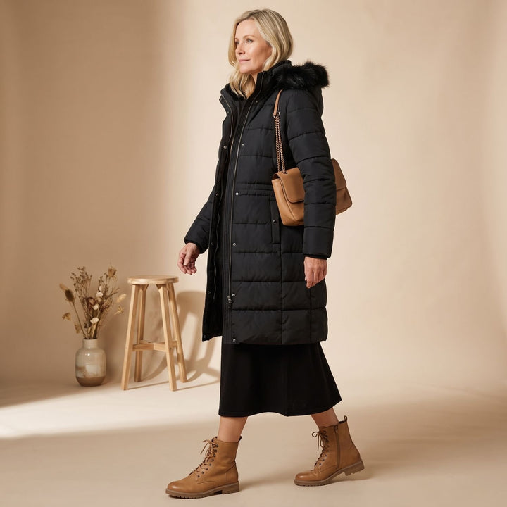Damen Winterjacke Langer Gesteppter Puffer-Mantel mit Kapuze - Schwarz