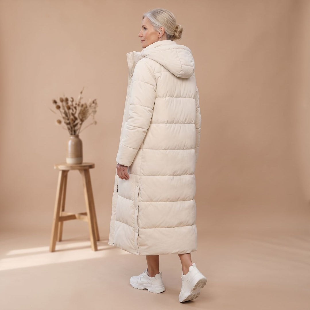 Damen Winterjacke Langer Gesteppter Puffer-Mantel mit Kapuze