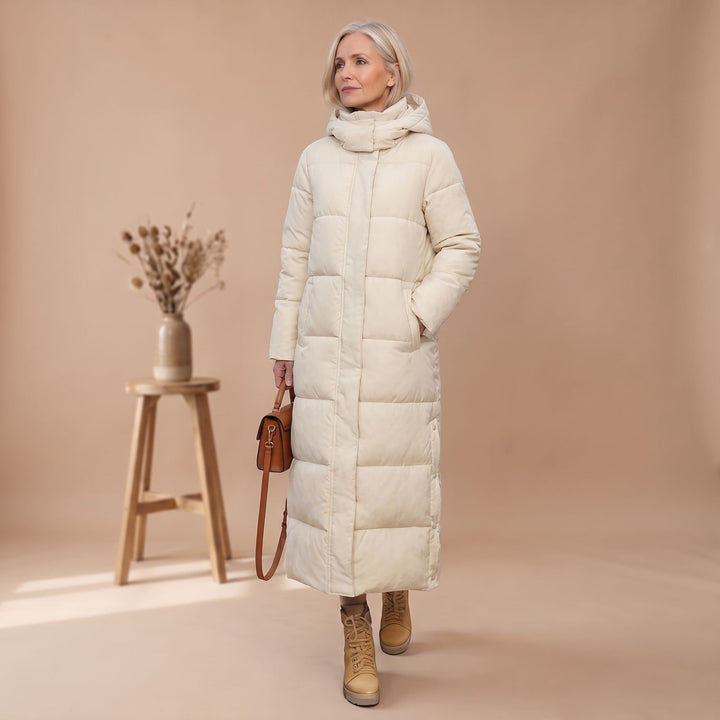 Damen Winterjacke Langer Gesteppter Puffer-Mantel mit Kapuze