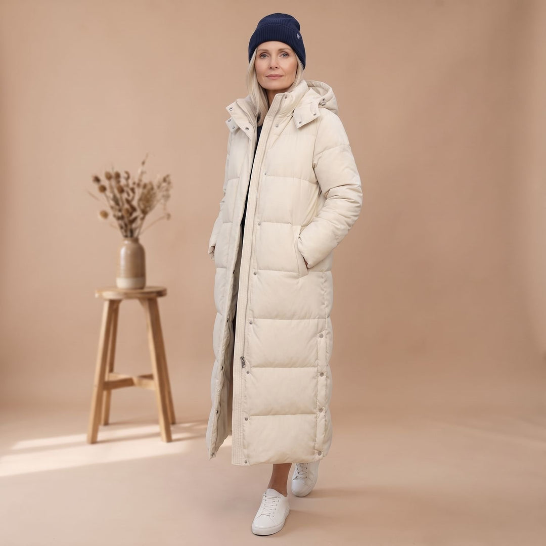 Damen Winterjacke Langer Gesteppter Puffer-Mantel mit Kapuze