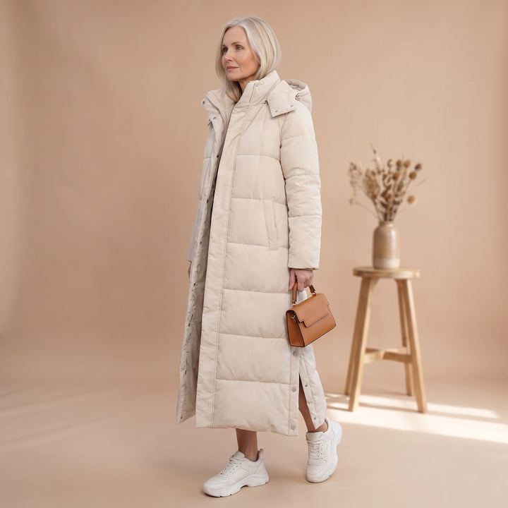 Damen Winterjacke Langer Gesteppter Puffer-Mantel mit Kapuze - Beige