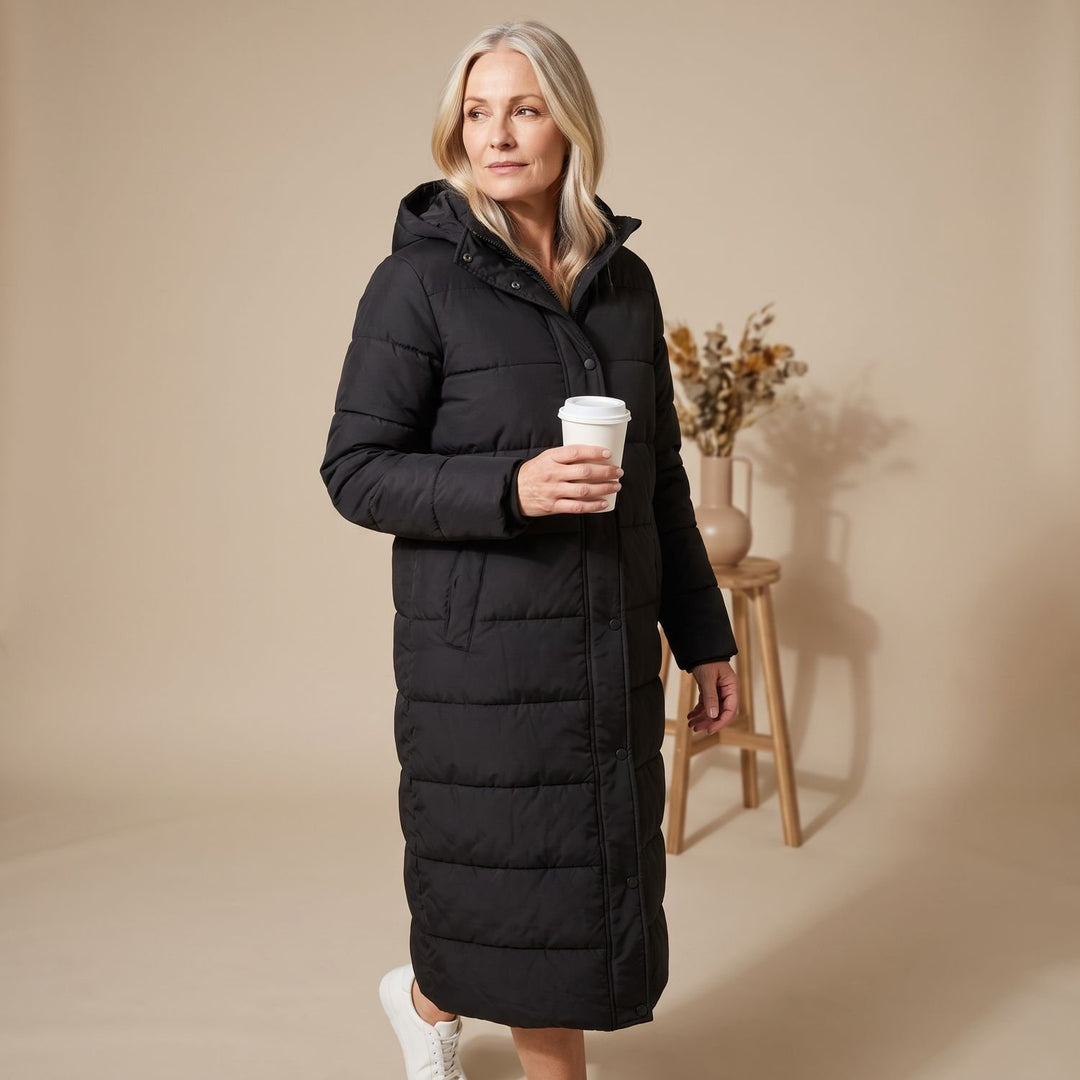 Damen Winterjacke Langer Gesteppter Puffer-Mantel mit Kapuze