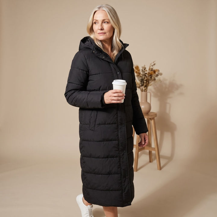 Damen Winterjacke Langer Gesteppter Puffer-Mantel mit Kapuze