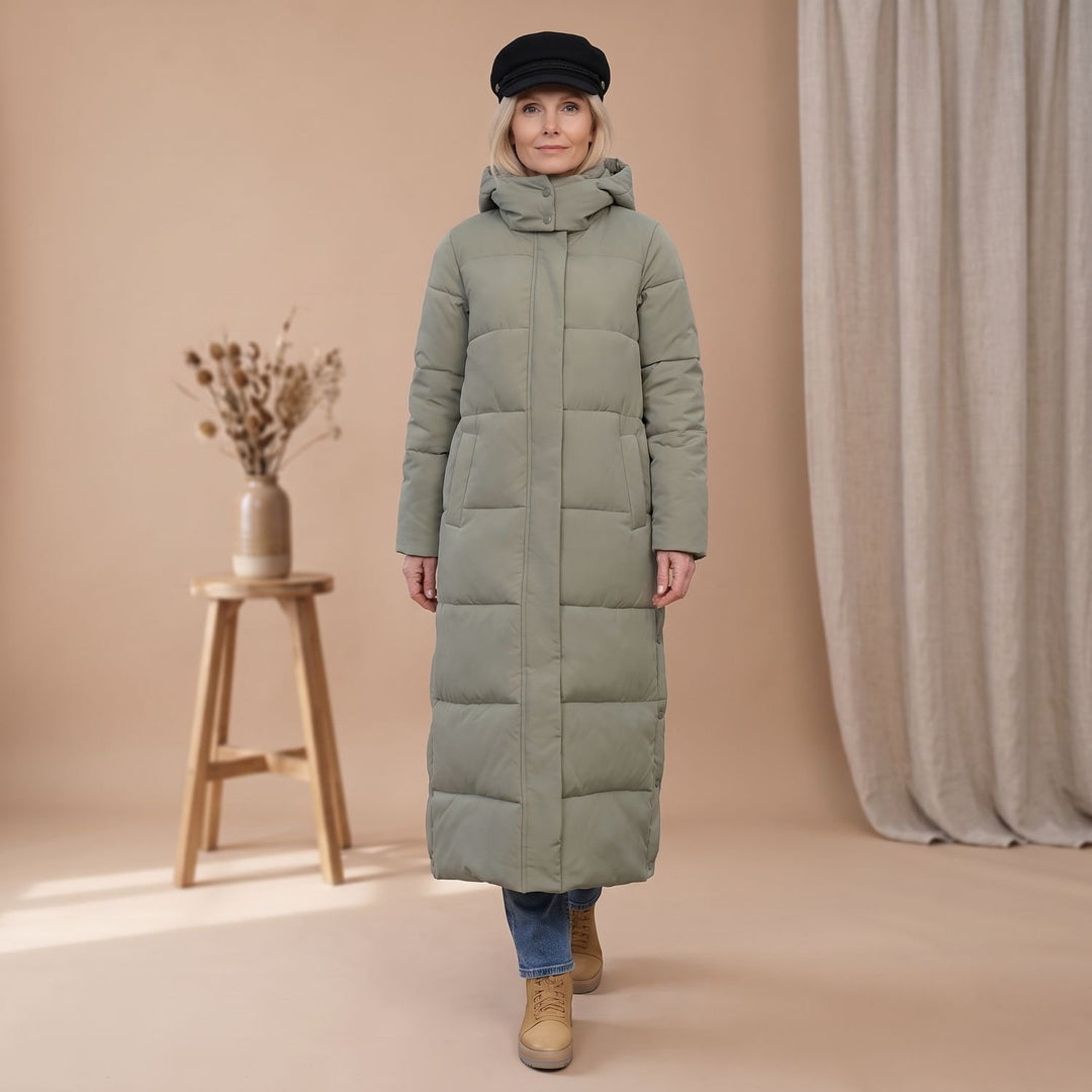 Damen Winterjacke Langer Gesteppter Puffer-Mantel mit Kapuze
