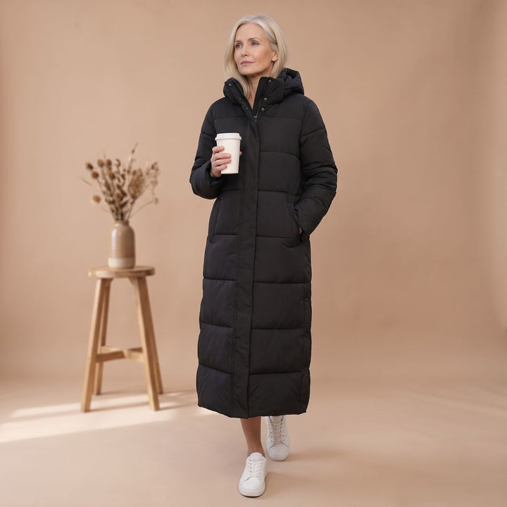 Damen Winterjacke Langer Gesteppter Puffer-Mantel mit Kapuze
