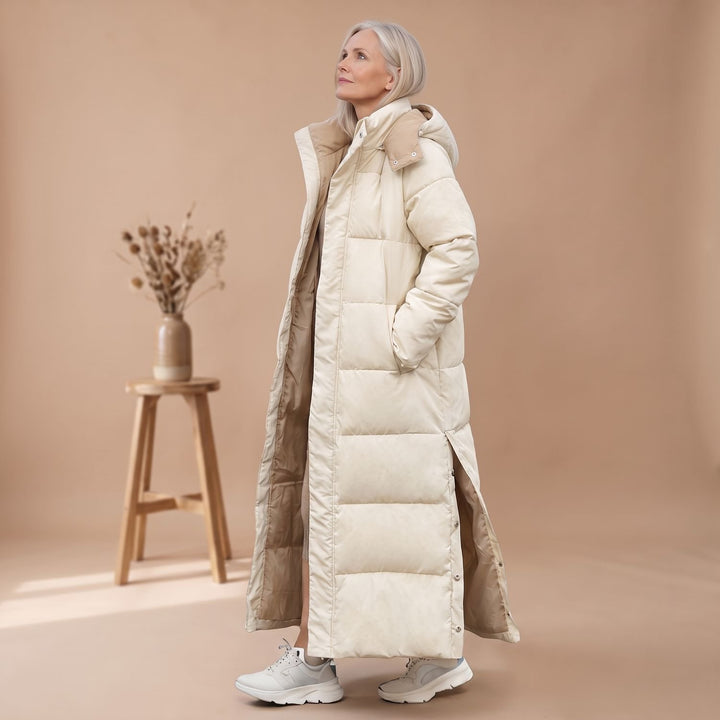 Damen Winterjacke Langer Gesteppter Puffer-Mantel mit Kapuze