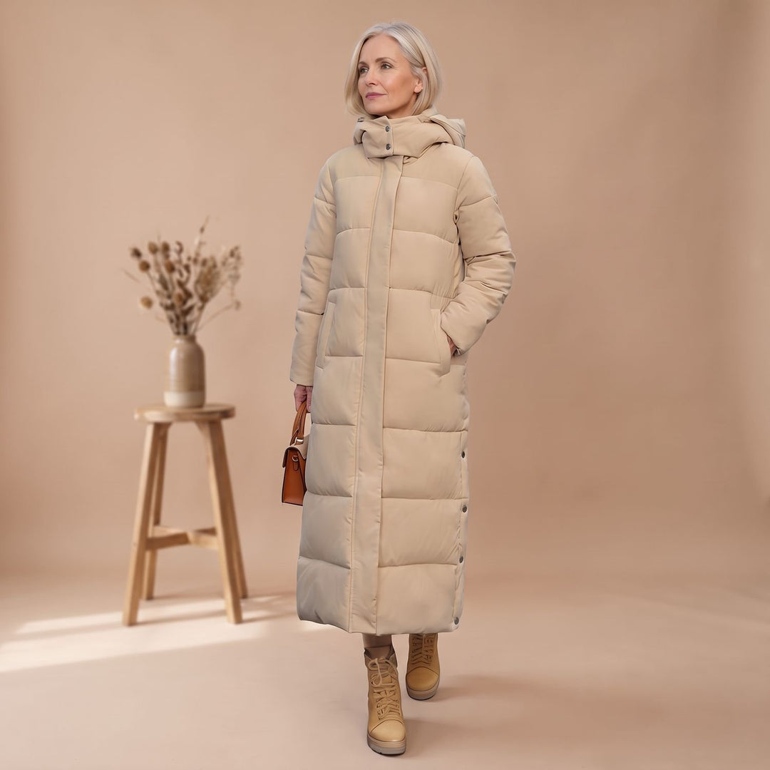 Damen Winterjacke Langer Gesteppter Puffer-Mantel mit Kapuze