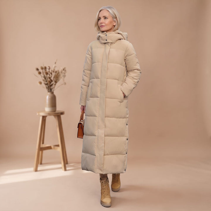 Damen Winterjacke Langer Gesteppter Puffer-Mantel mit Kapuze