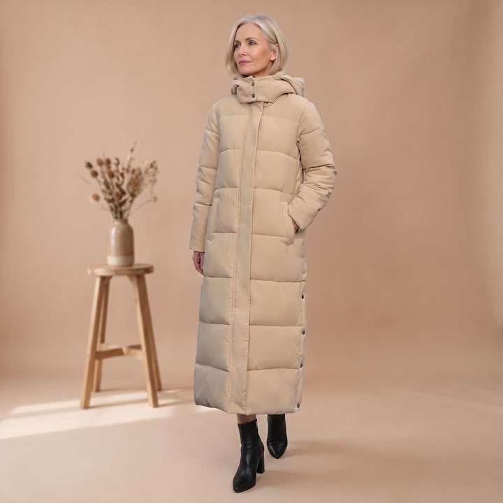 Damen Winterjacke Langer Gesteppter Puffer-Mantel mit Kapuze