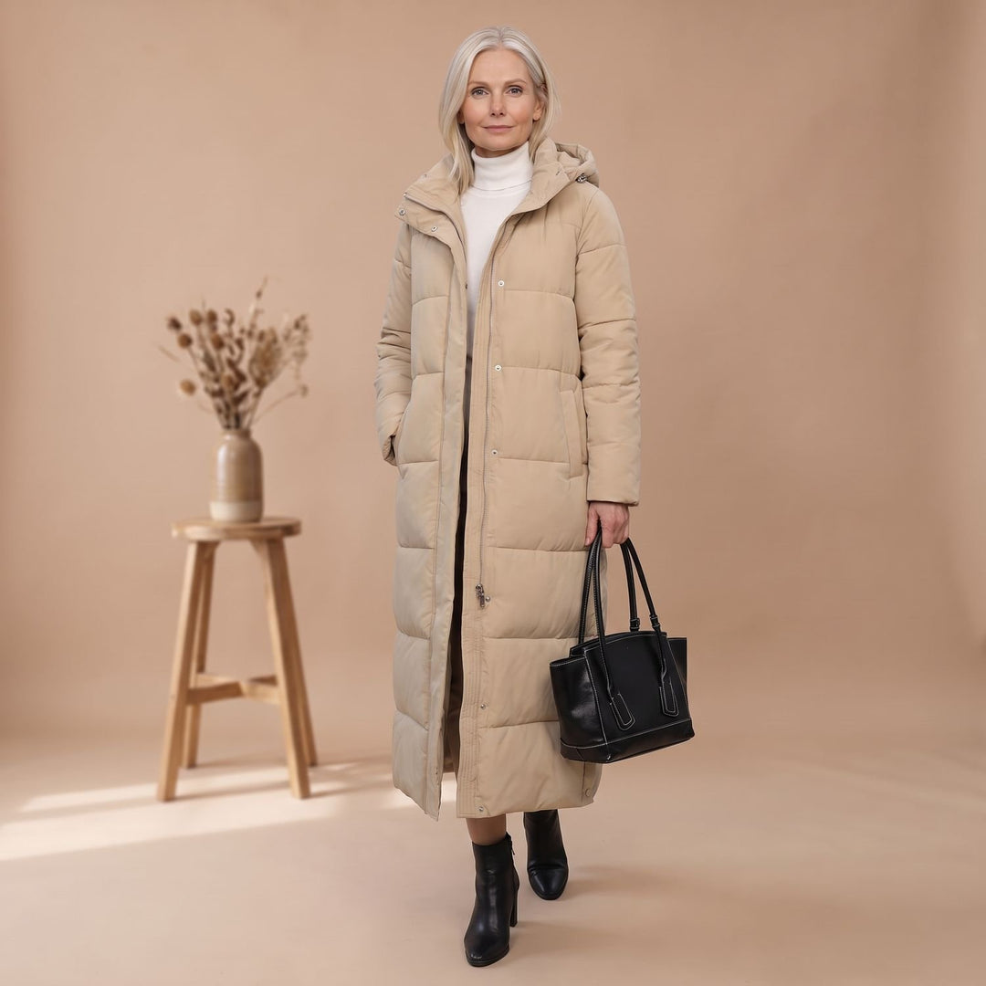 Damen Winterjacke Langer Gesteppter Puffer-Mantel mit Kapuze