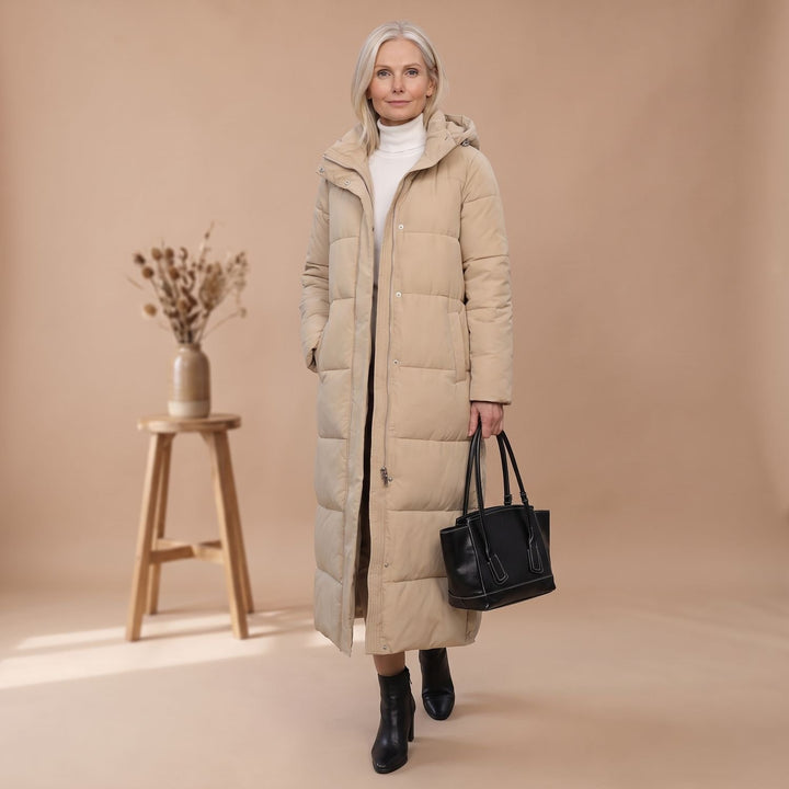 Damen Winterjacke Langer Gesteppter Puffer-Mantel mit Kapuze