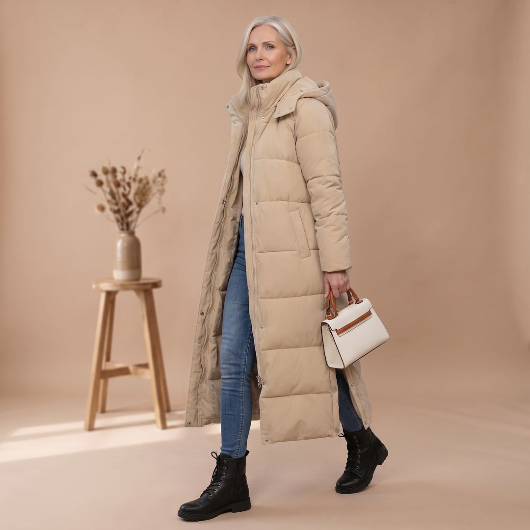 Damen Winterjacke Langer Gesteppter Puffer-Mantel mit Kapuze - Khaki