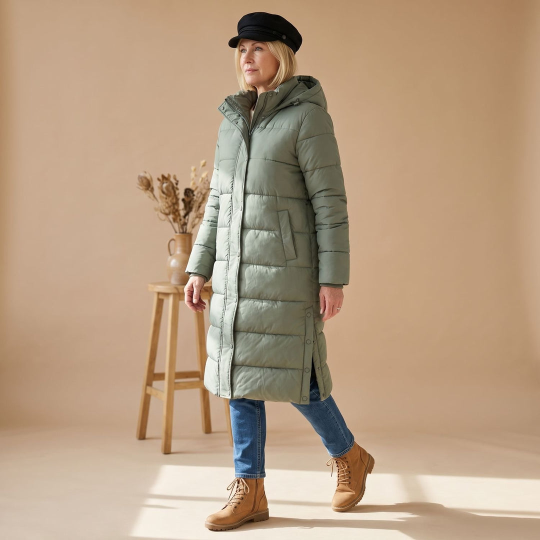 Damen Winterjacke Langer Gesteppter Puffer-Mantel mit Kapuze