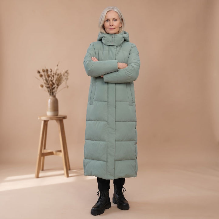 Damen Winterjacke Langer Gesteppter Puffer-Mantel mit Kapuze