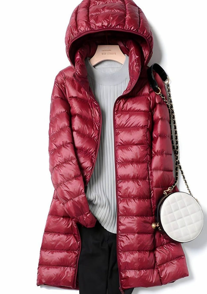 Damen Winterjacke Leichte Lange Steppjacke Abnehmbare Kapuze - Weinrot