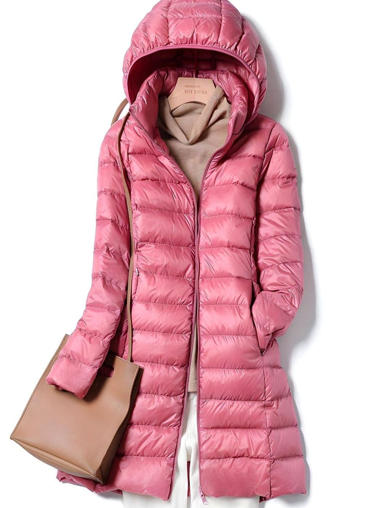 Damen Winterjacke Leichte Lange Steppjacke Abnehmbare Kapuze - Rosa