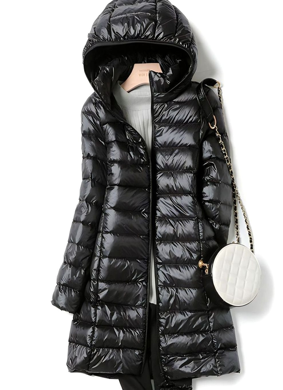 Damen Winterjacke Leichte Lange Steppjacke Abnehmbare Kapuze - Schwarz