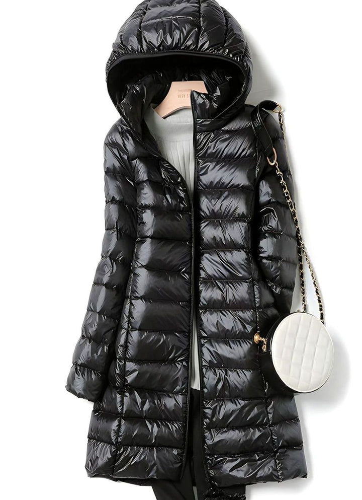 Damen Winterjacke Leichte Lange Steppjacke Abnehmbare Kapuze - Schwarz