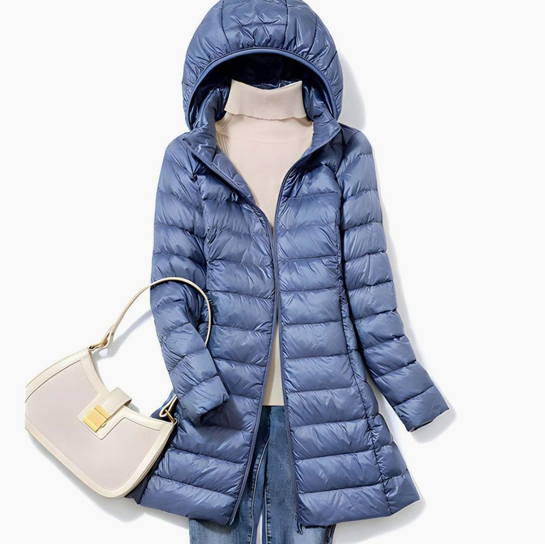 Damen Winterjacke Leichte Lange Steppjacke Abnehmbare Kapuze - Blau