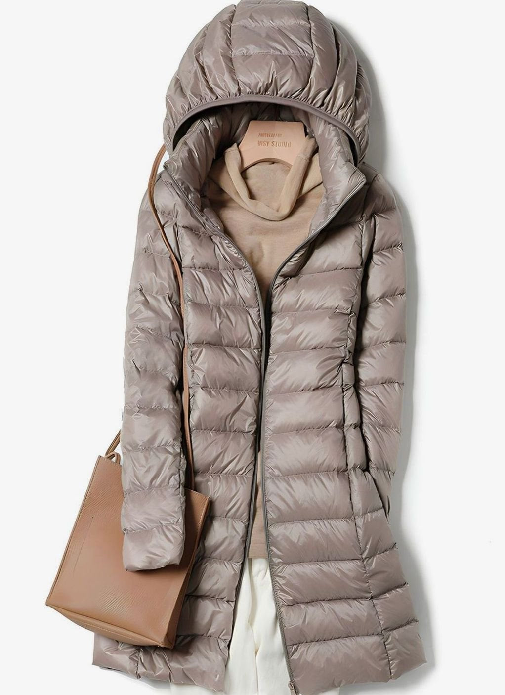 Damen Winterjacke Leichte Lange Steppjacke Abnehmbare Kapuze - Khaki