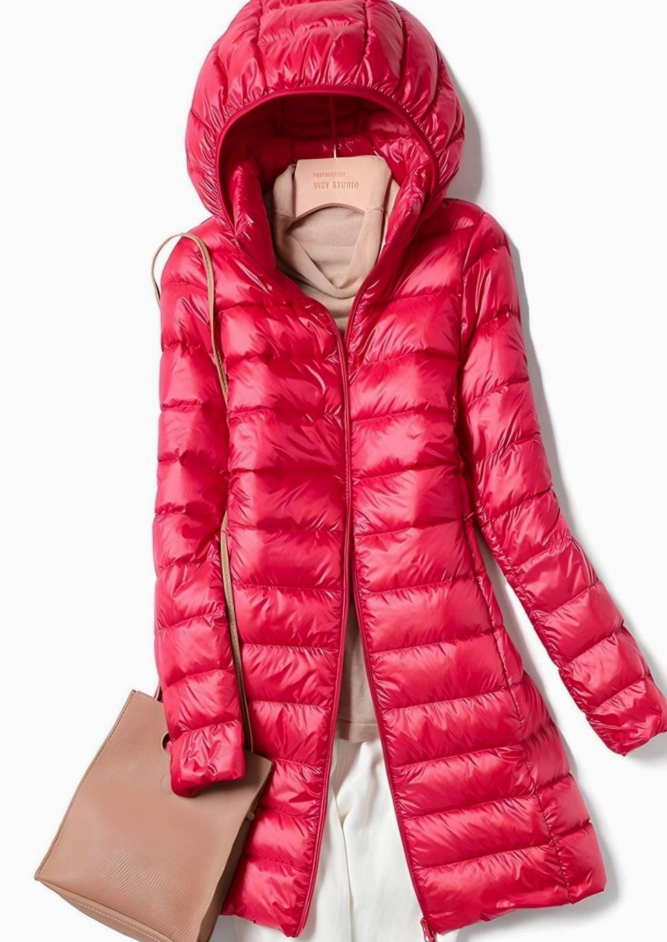 Damen Winterjacke Leichte Lange Steppjacke Abnehmbare Kapuze - Rot