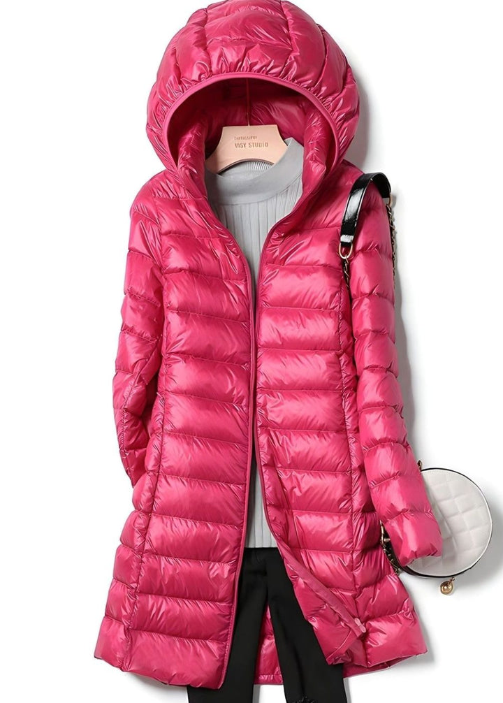 Damen Winterjacke Leichte Lange Steppjacke Abnehmbare Kapuze - Dunkelrosa