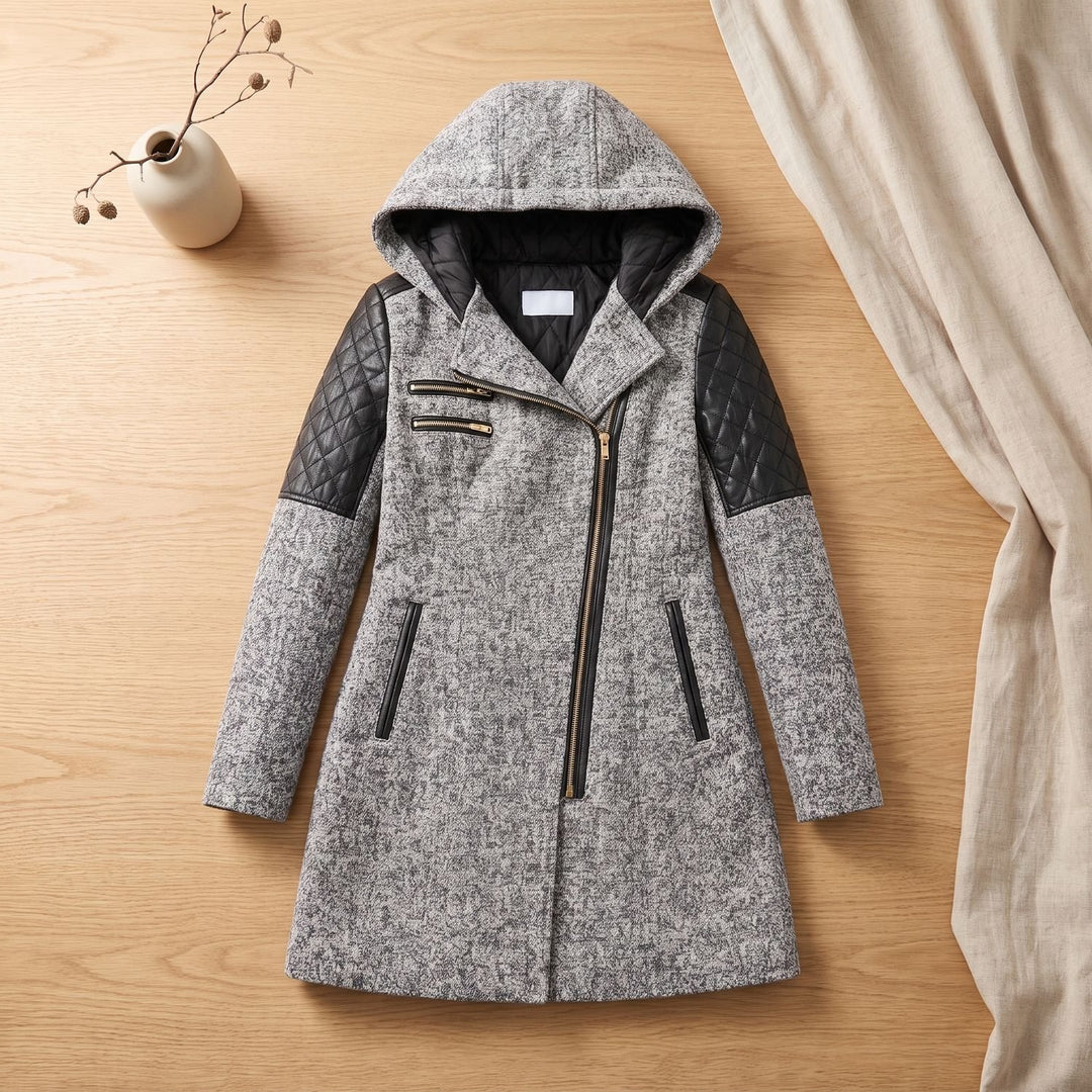 Damen Winterjacke mit Kapuze Gesteppte Kunstleder-Schultern Langer Schnitt - Grau