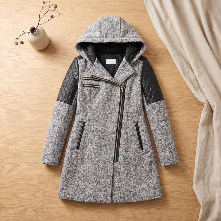 Damen Winterjacke mit Kapuze Gesteppte Kunstleder-Schultern Langer Schnitt - Grau