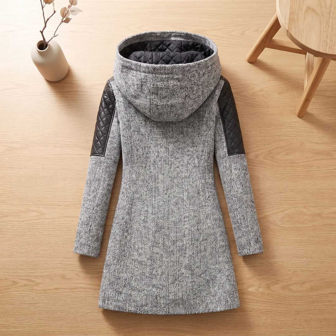 Damen Winterjacke mit Kapuze Gesteppte Kunstleder-Schultern Langer Schnitt