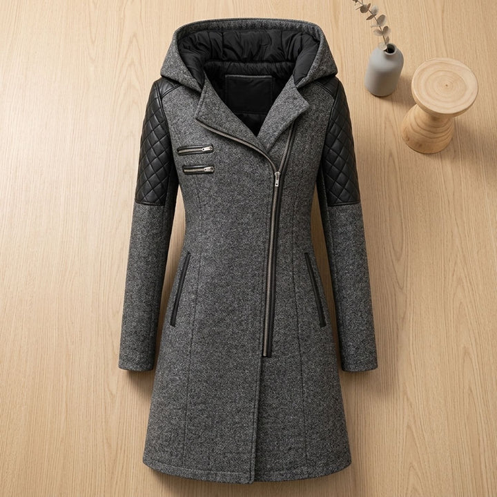 Damen Winterjacke mit Kapuze Gesteppte Kunstleder-Schultern Langer Schnitt - Dunkelgrau