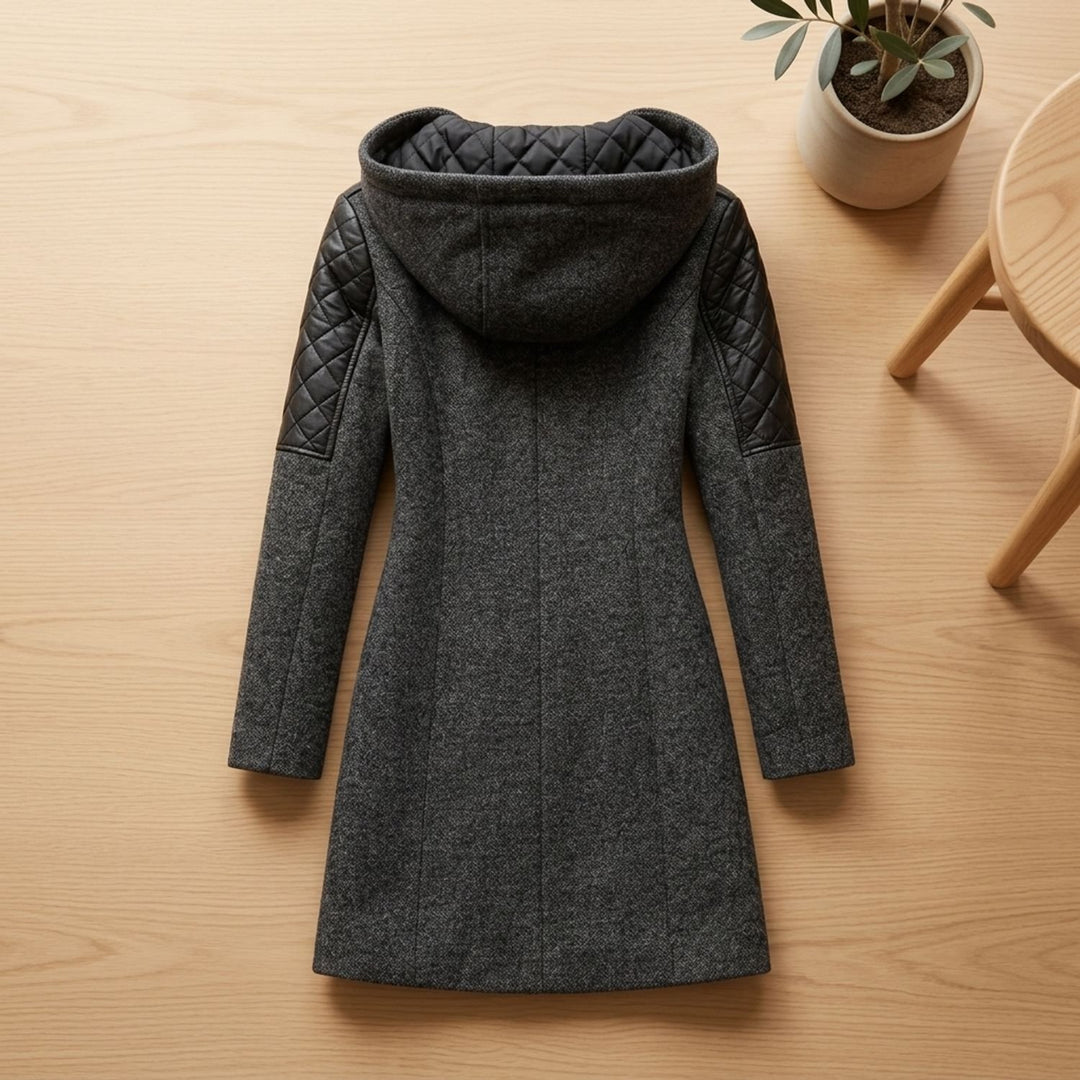 Damen Winterjacke mit Kapuze Gesteppte Kunstleder-Schultern Langer Schnitt