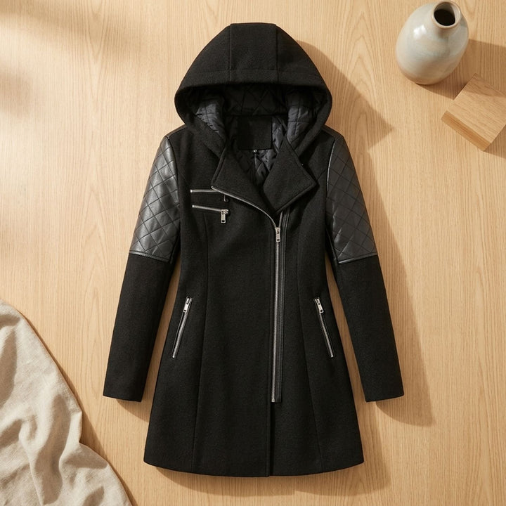 Damen Winterjacke mit Kapuze Gesteppte Kunstleder-Schultern Langer Schnitt - Schwarz