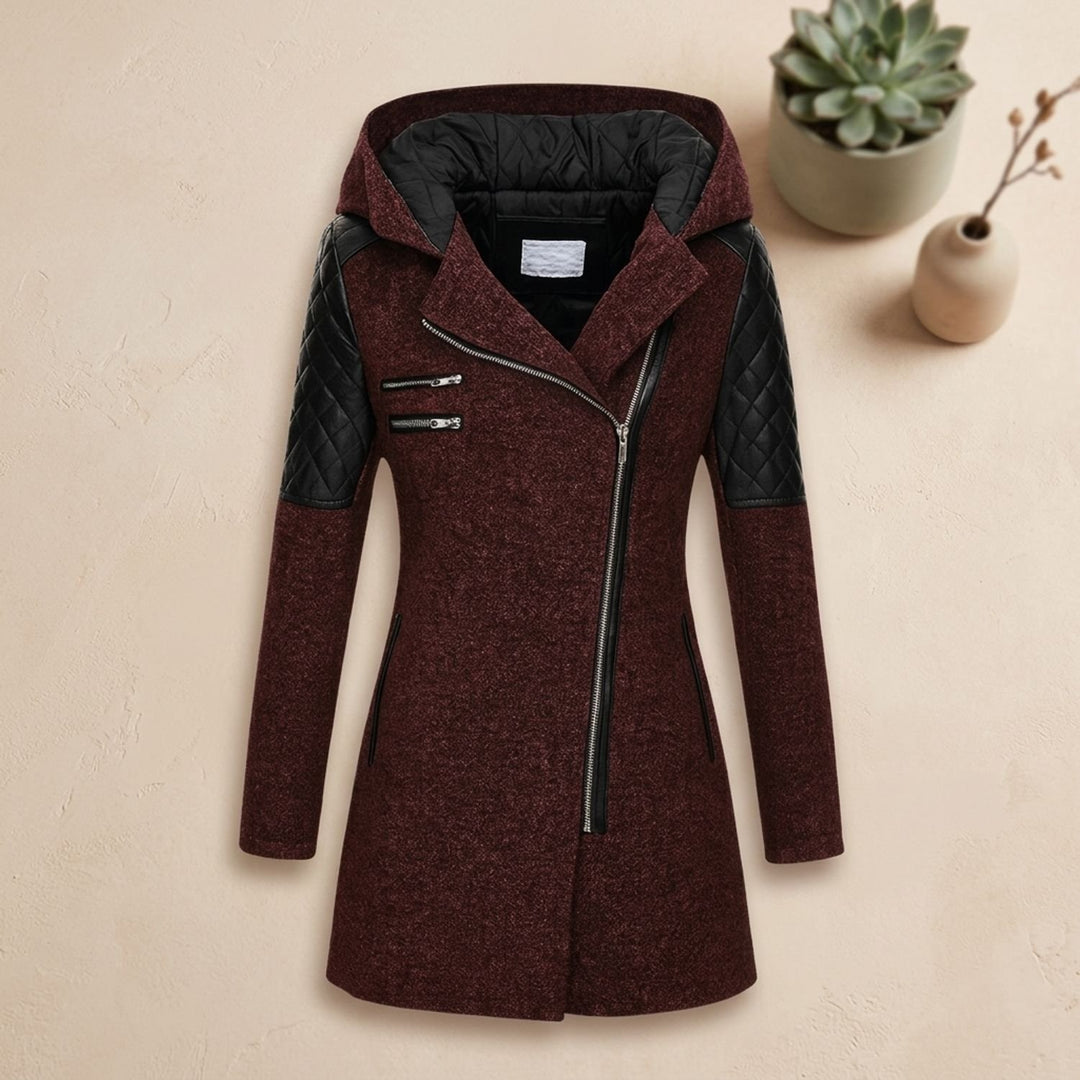 Damen Winterjacke mit Kapuze Gesteppte Kunstleder-Schultern Langer Schnitt - Rot