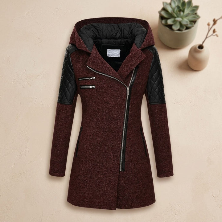 Damen Winterjacke mit Kapuze Gesteppte Kunstleder-Schultern Langer Schnitt - Rot
