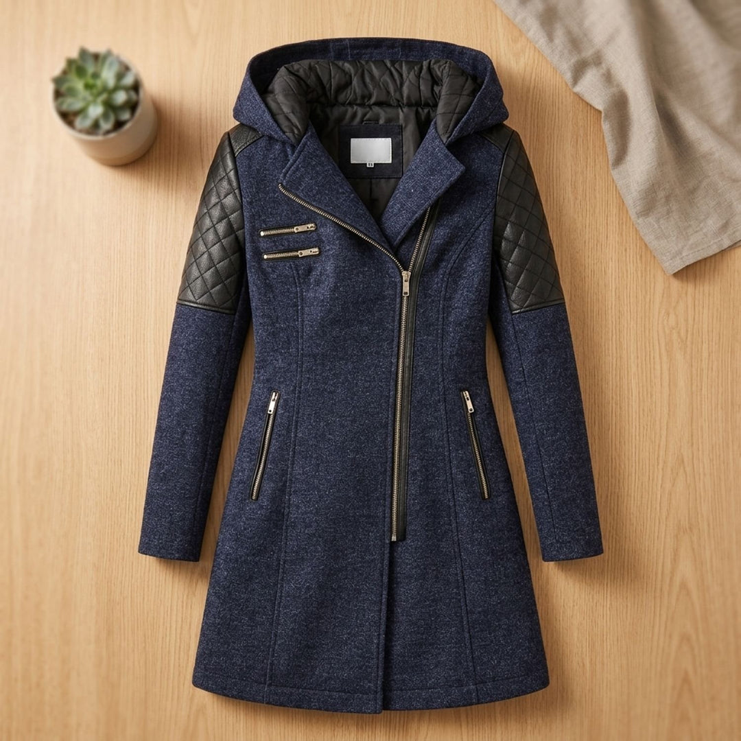 Damen Winterjacke mit Kapuze Gesteppte Kunstleder-Schultern Langer Schnitt - Blau
