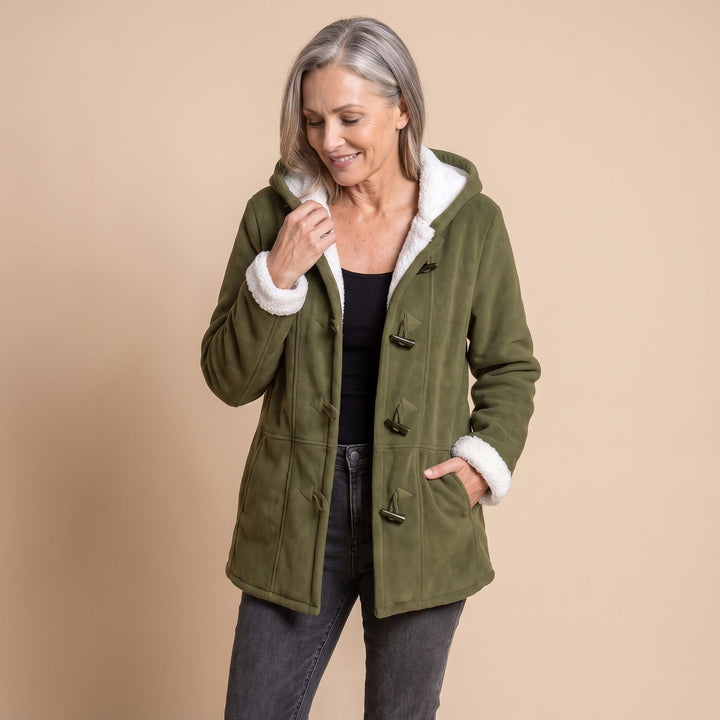 Damen Winterjacke mit Kapuze Sherpa-Futter Knebelknöpfe Warmer Mantel - Hellgrün