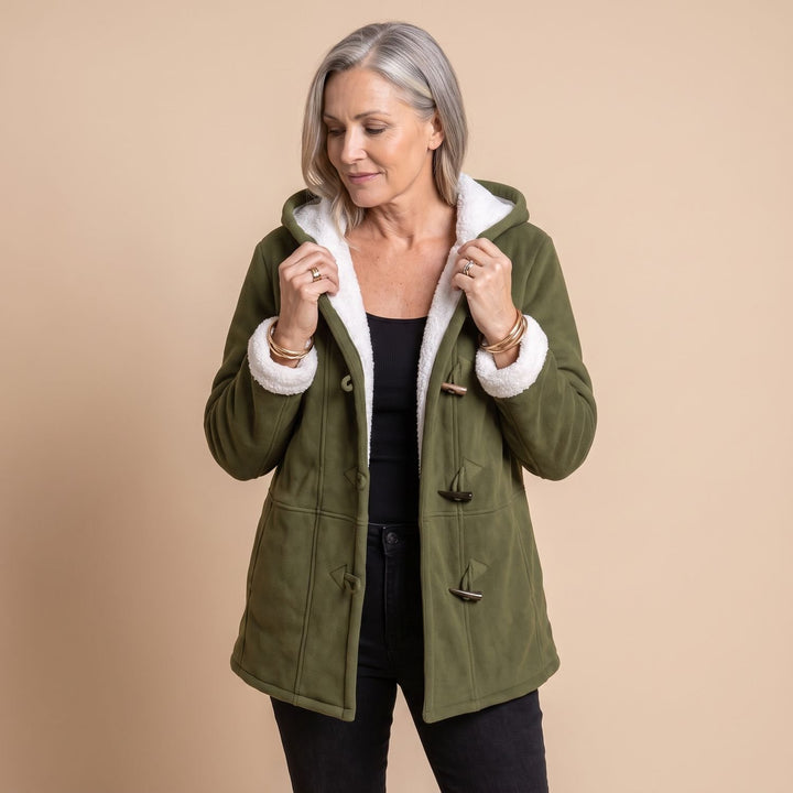 Damen Winterjacke mit Kapuze Sherpa-Futter Knebelknöpfe Warmer Mantel