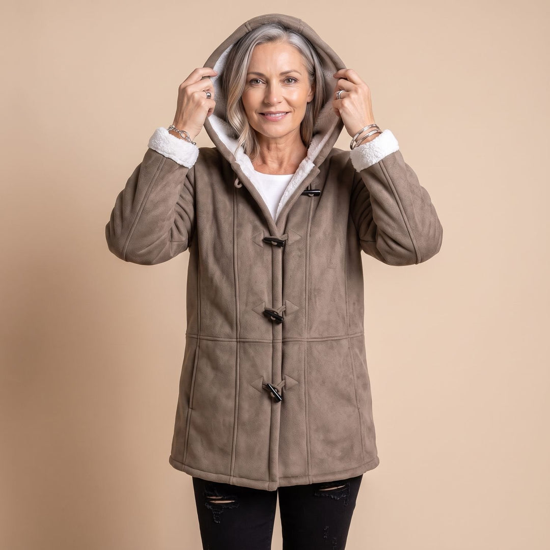 Damen Winterjacke mit Kapuze Sherpa-Futter Knebelknöpfe Warmer Mantel - Khaki